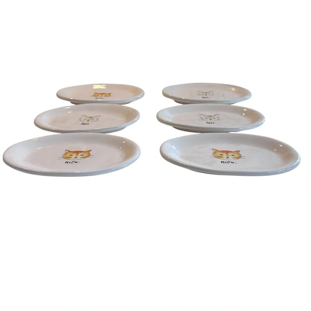 Rae Dunn Artesian Collection Meow Cat Face Oval Plate x 6